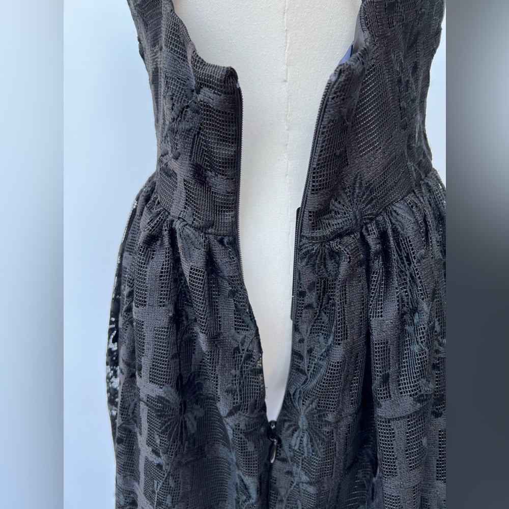 BEBE Black Embroidered Mesh Fit & Flare Mini Dress – Crisscross Back – Size 6 - Picture 8 of 16